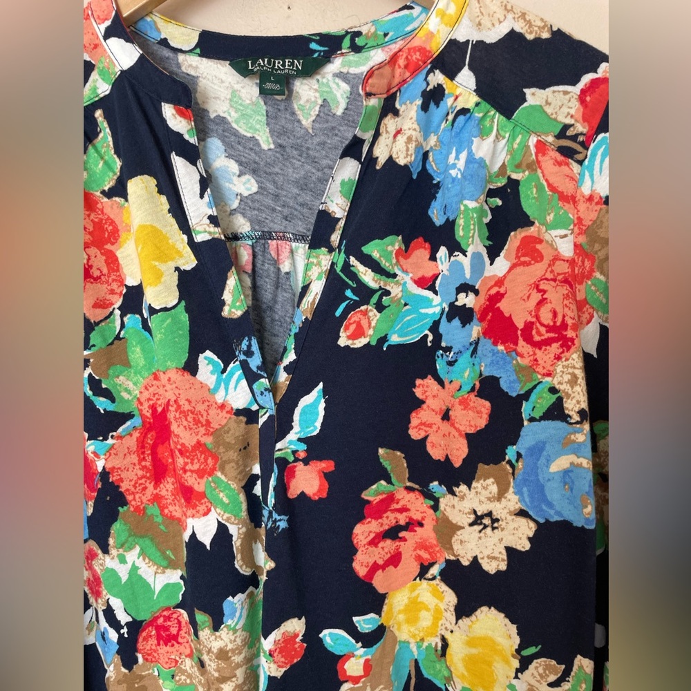 Lauren Ralph Lauren Navy Blue Floral Long Sleeve Blouse Top Size Large - Picture 6 of 13